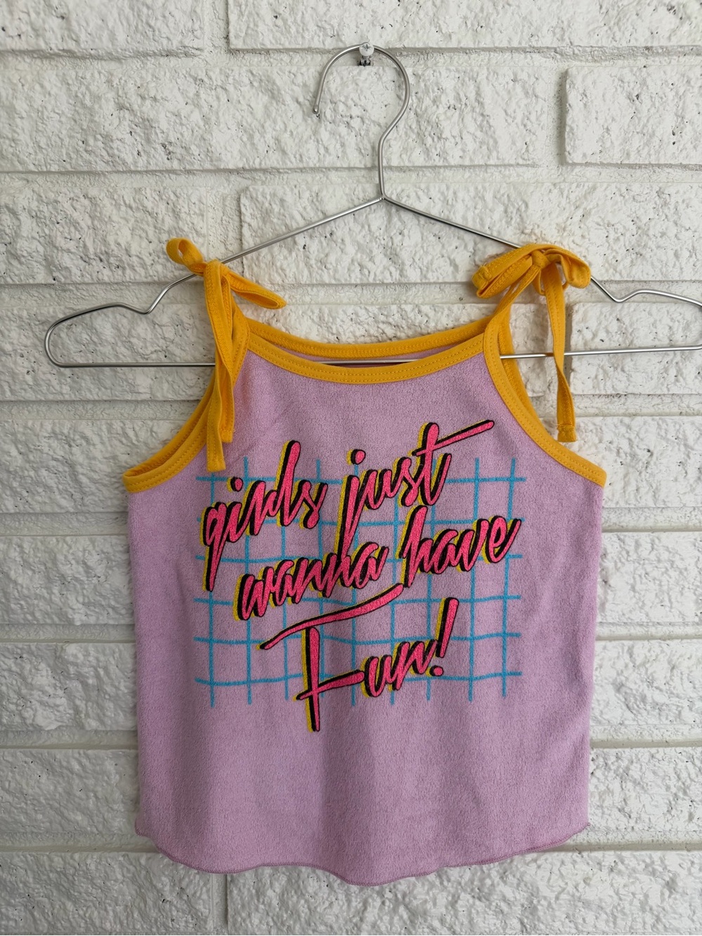 Rowdy Sprout Girls Just Wanna Have Fun Lavender Terry Tank Yellow Tie Straps